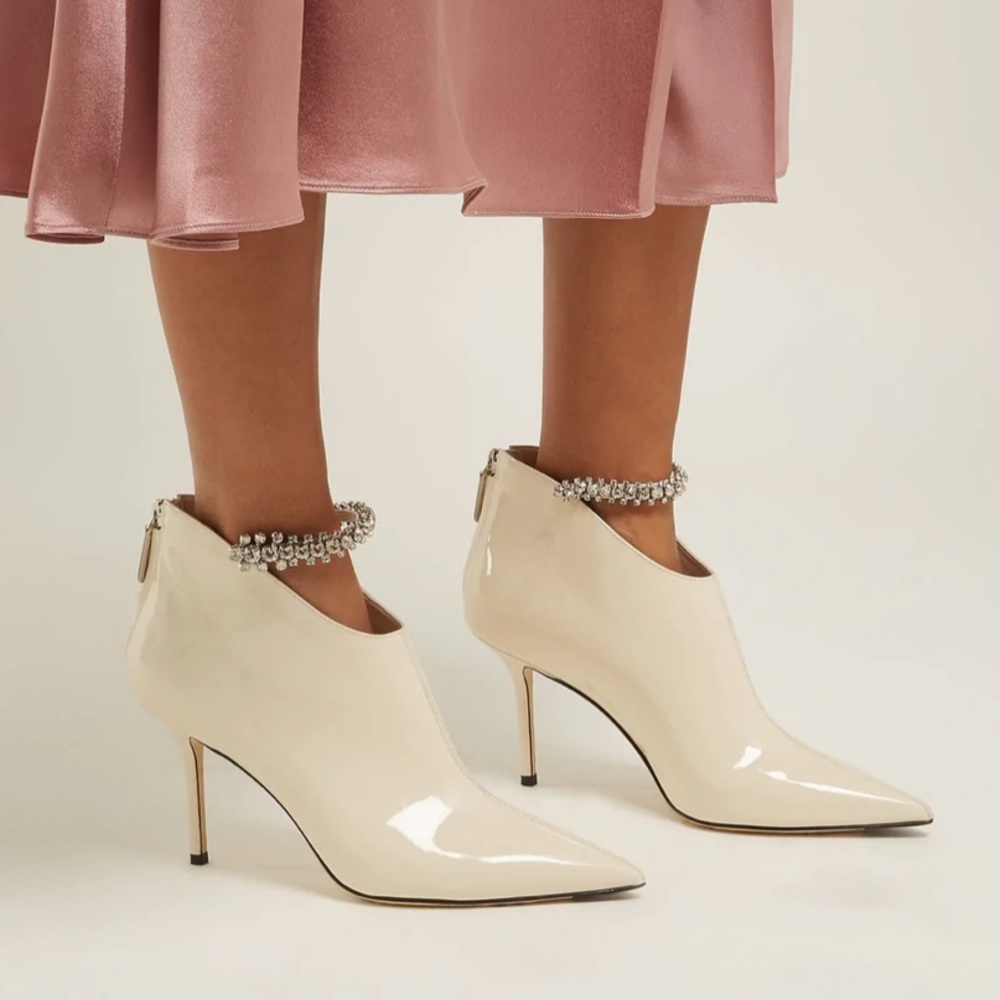 Jimmy Choo Blaize 85 crystal-embellished leather booties (white patent) size 37